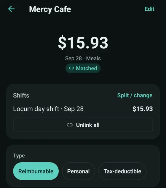 A receipt in Shyft with example data: Mercy Cafe, 15 dollars and 93 cents for meals on September 28, matched to a locum day shift and marked reimbursable.