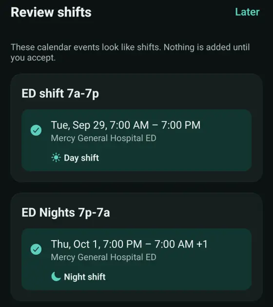 Review shifts in Shyft with example data: calendar events that look like shifts, a day shift at Mercy General Hospital ED and a night shift, waiting to be accepted.